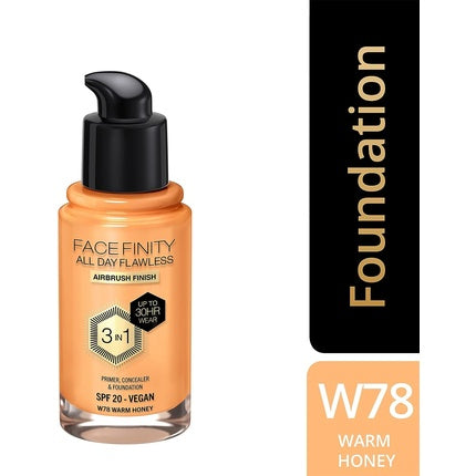 Max Factor Facefinity 3-in-1 All Day Flawless Liquid Foundation SPF 20 78 Warm Honey 30ml Online Hot Sale