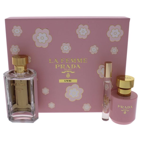 Prada La Femme Leau by Prada for Women - 3 Pc Gift Set 3.4oz EDT Spray, 0.34oz EDT Rollerball, 3.4oz Body Lotion For Sale