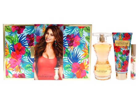 Sofia Vergara Tempting Paradise by Sofia Vergara for Women - 3 Pc Gift Set 3.4oz EDP Spray, 0.33oz EDP Rollerball, 3.4oz Shimmer Body Lotion For Sale