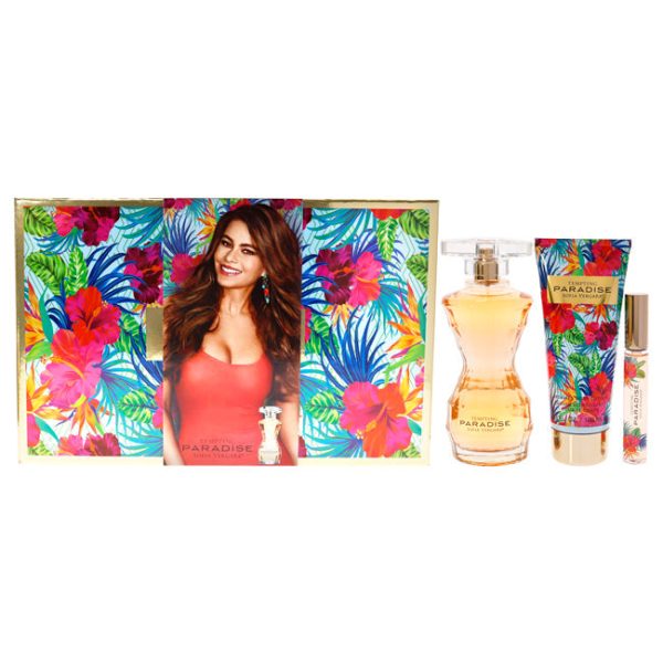 Sofia Vergara Tempting Paradise by Sofia Vergara for Women - 3 Pc Gift Set 3.4oz EDP Spray, 0.33oz EDP Rollerball, 3.4oz Shimmer Body Lotion For Sale