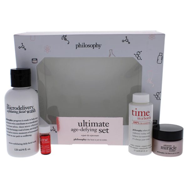 Philosophy Ultimate Age Defying Kit by Philosophy for Unisex - 4 Pc 4oz The Microdelivery Exfoliating Facial Wash, 0.85oz Time In A Bottle 100 Percent In-Control Serum, 0.07oz Time In A Bottle Resist Renew Repair Activator, 0.5oz Ultimate Miracle Worker M Hot on Sale