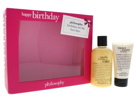 Philosophy Happy Birthday by Philosophy for Women - 2 Pc Kit 8oz Vanilla Birthday Cake Shampoo Shower Gel and Bubble Bath, 2oz Sweet Creamy Frosting Body Lotion For Sale