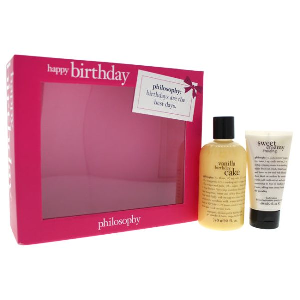 Philosophy Happy Birthday by Philosophy for Women - 2 Pc Kit 8oz Vanilla Birthday Cake Shampoo Shower Gel and Bubble Bath, 2oz Sweet Creamy Frosting Body Lotion For Sale