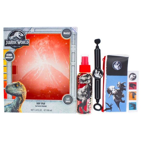 Universal Jurassic World by Universal for Kids - 4 Pc Gift Set 3.4oz Body Spray, Case, Stickers, Bracelet Discount