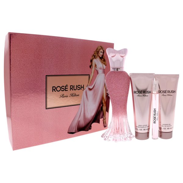 Paris Hilton Rose Rush by Paris Hilton for Women - 4 Pc Gift Set 3.4oz EDP Spray, 3.0oz Body Lotion, 3.0oz Shower Gel, 0.33oz EDP Spray For Sale