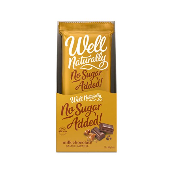 Well Naturally No Added Sugar Block Milk Chocolate Salted Caramel 90g x 12 Display Fashion