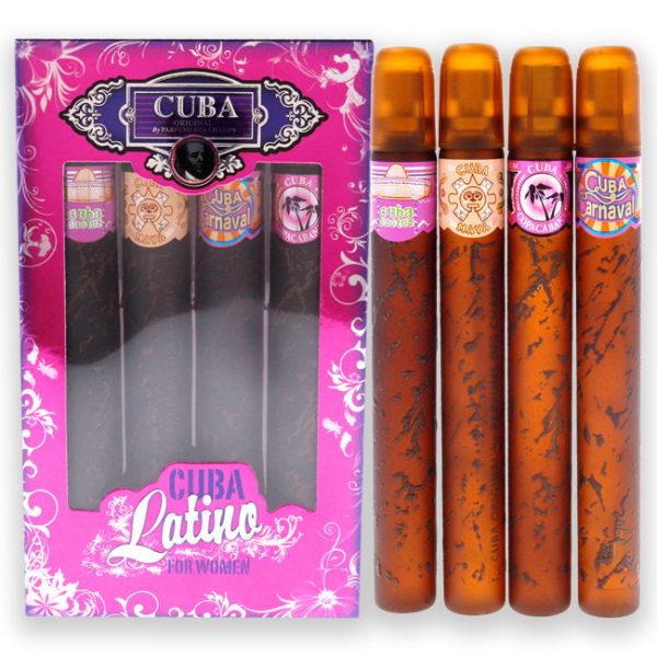 Cuba Cuba Latino Collection by Cuba for Women - 4 Pc Gift Set 1.17oz Cuba Copacabana EDP Spray, 1.17oz Cuba Maya EDP Spray, 1.17oz Cuba Carnaval EDP Spray, 1.17oz Cuba Cactus EDP Spray Hot on Sale