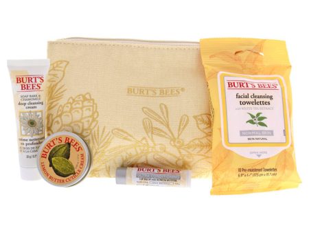 Burts Bees Essential Travel Kit by Burts Bees for Unisex - 4 Pc 10 Pc Facial Cleansing Towelettes, 0.75oz Soap Bark and Chamomile Deep Cleansing Cream, 0.15oz Ultra Conditioning Lip Balm with Kokum Butter, 0.60oz Lemon Butter Cuticle Cream For Sale