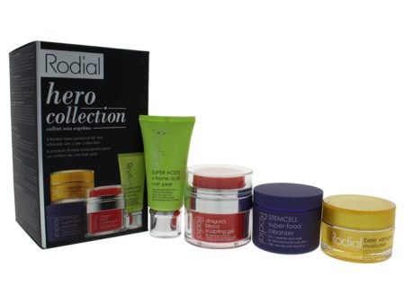 Rodial Hero Collection by Rodial for Women - 4 Pc Kit 1.7oz Stemcell Super-Food Cleanser, 0.7oz Super Acids X-Treme Acid Rush Peel, 0.3oz Dragons Blood Sculpting Gel, 0.5oz Bee Venom Moisturiser Hot on Sale