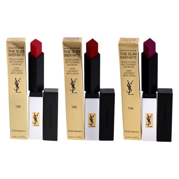 Yves Saint Laurent Rouge Pur Couture The Slim Sheer Matte Lipstick Kit by Yves Saint Laurent - 3 Pc Kit 0.07oz Lipstick - 104 Fuchsia Intime, 0.07oz Lipstick - 105 Red Uncovered, 0.07oz Lipstick - 109 Rose Denude Hot on Sale